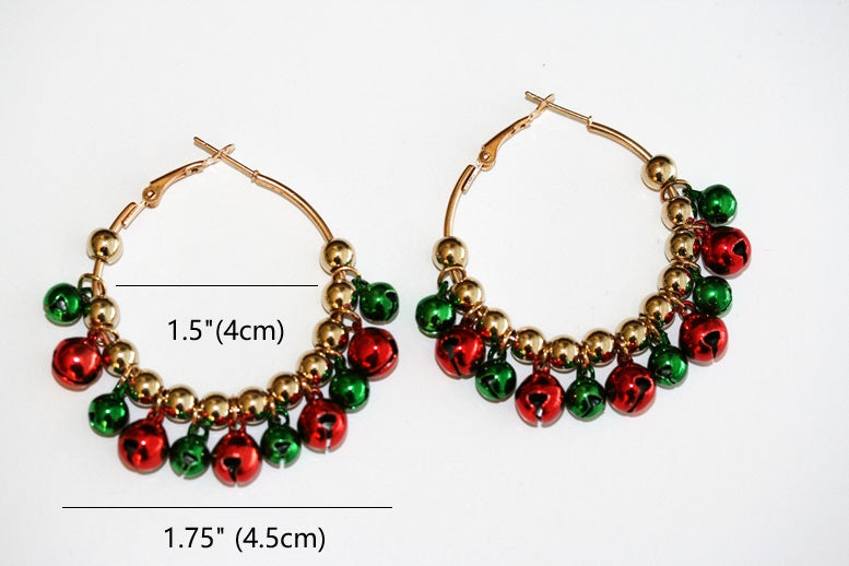 Festive Jingle Bell Hoop Earrings – Red, Green & Gold Christmas Holiday Earrings