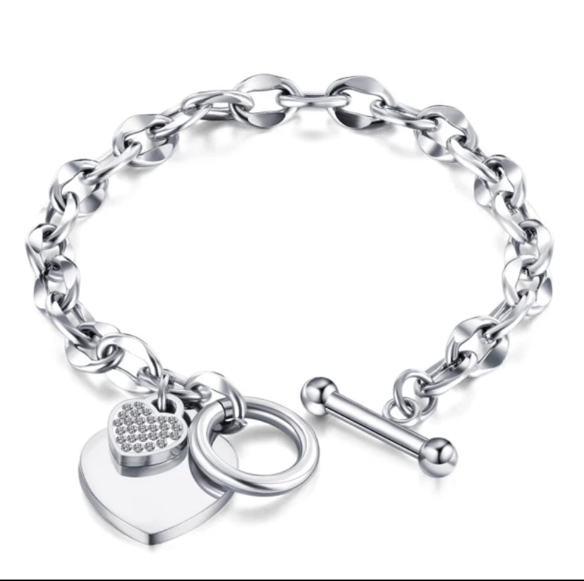 Rhinestone Heart Charm Toggle Bracelet for Women