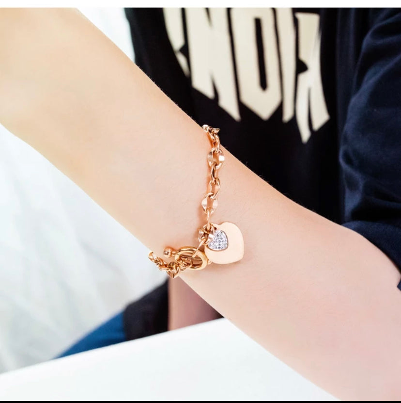 Rhinestone Heart Charm Toggle Bracelet for Women