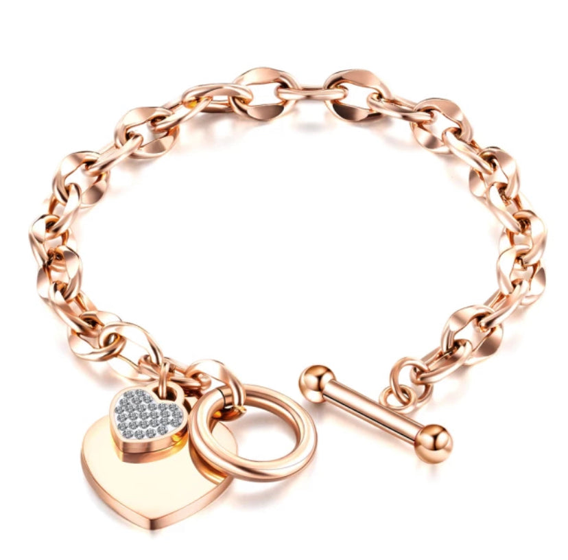 Rhinestone Heart Charm Toggle Bracelet for Women