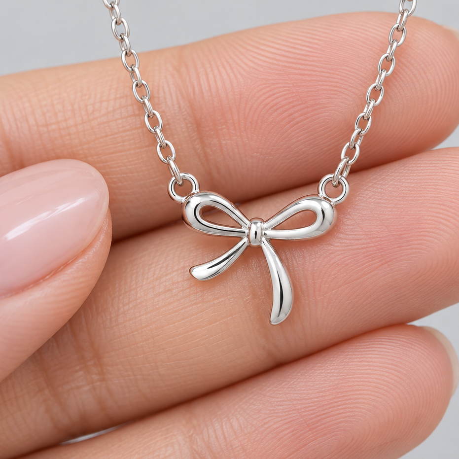 Silver-Plated Stainless Steel Bow Necklace for Women – Dainty Ribbon Pendant