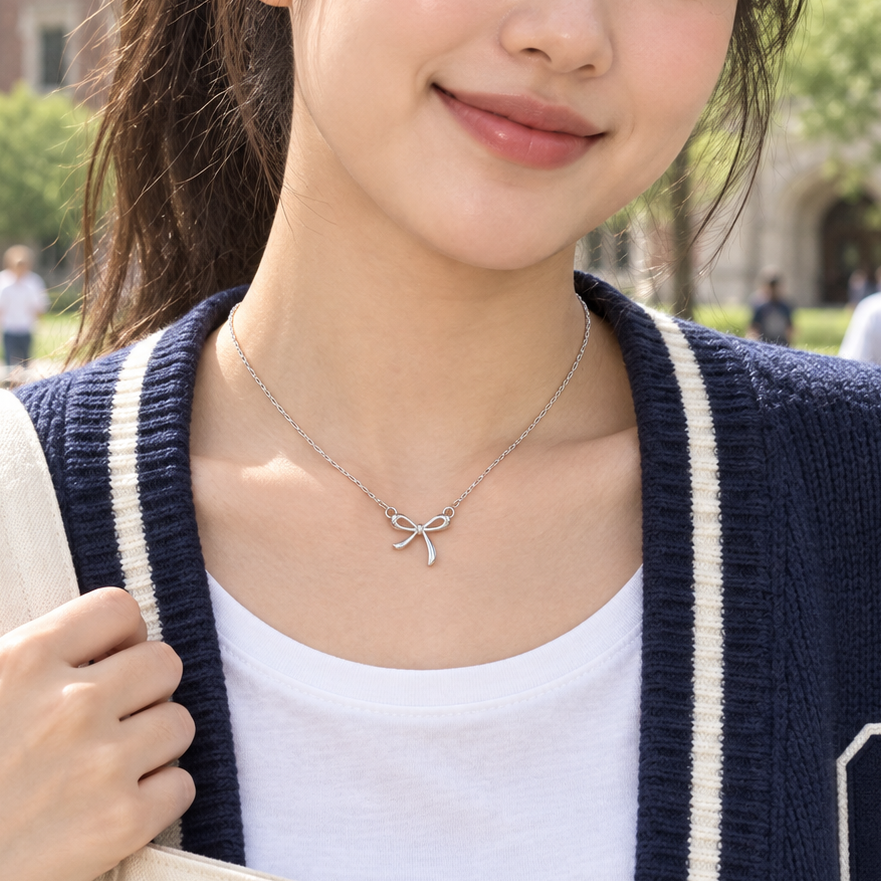 Silver-Plated Stainless Steel Bow Necklace for Women – Dainty Ribbon Pendant