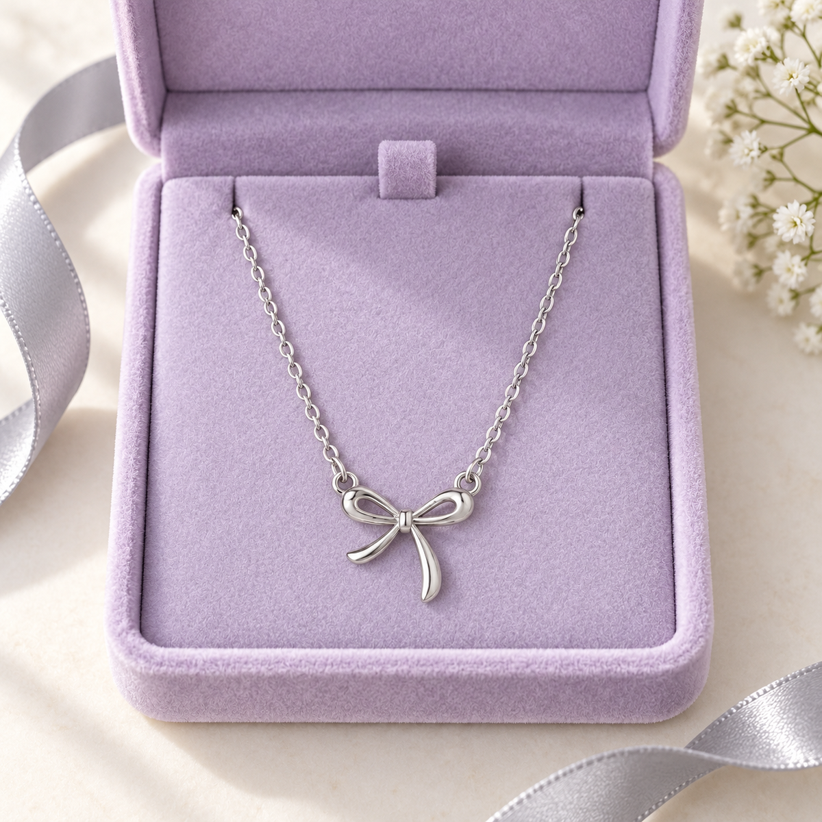 Silver-Plated Stainless Steel Bow Necklace for Women – Dainty Ribbon Pendant