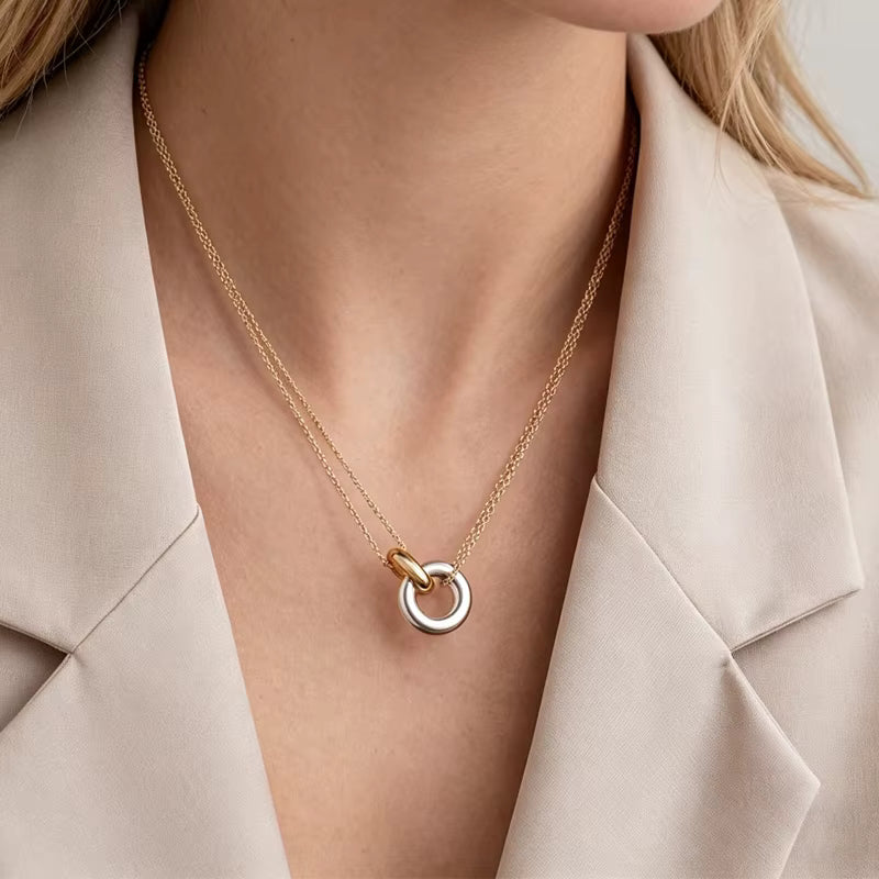 Two-Tone Double Circle Pendant Necklace for Women