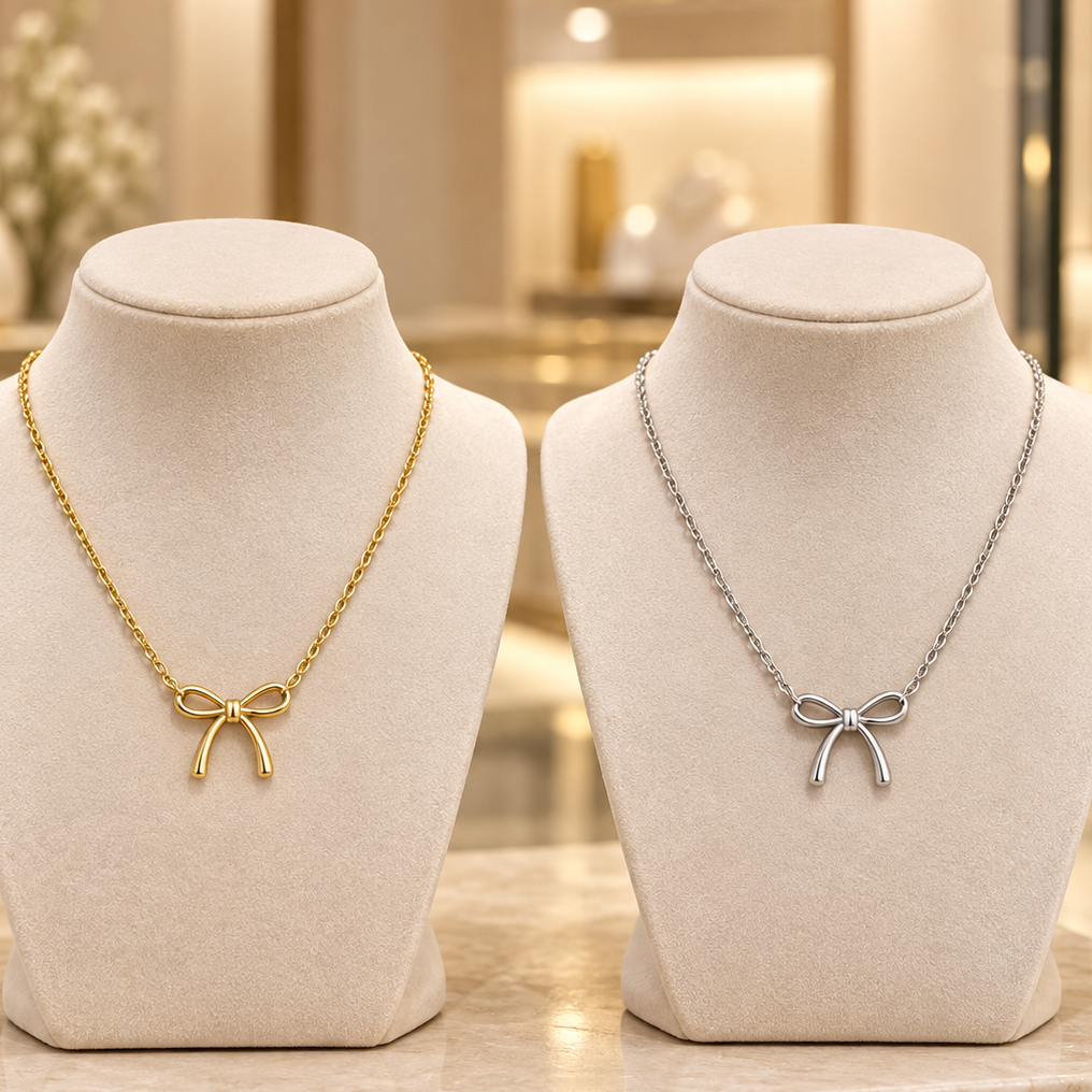 Gold-Tone & Silver-Tone Stainless Steel Bow Pendant Necklace for Women – Minimalist Ribbon Jewelry