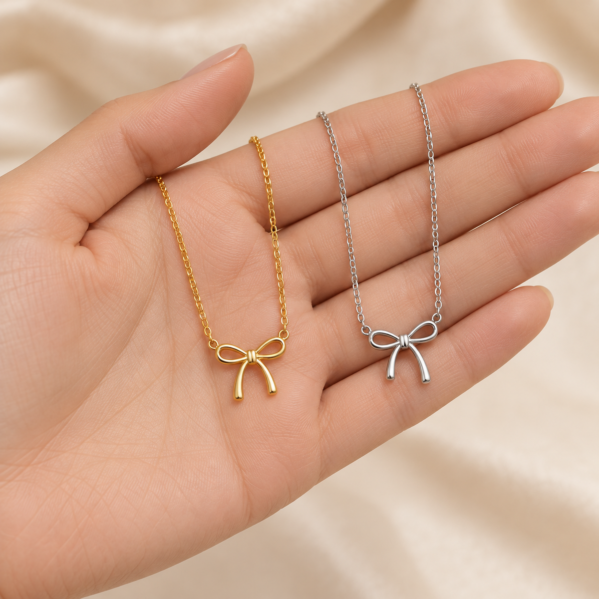 Gold-Tone & Silver-Tone Stainless Steel Bow Pendant Necklace for Women – Minimalist Ribbon Jewelry