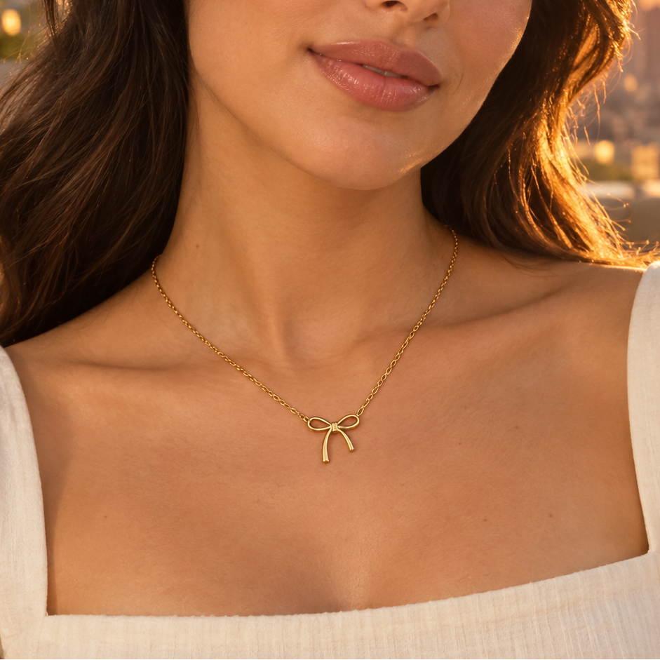 Gold-Tone & Silver-Tone Stainless Steel Bow Pendant Necklace for Women – Minimalist Ribbon Jewelry