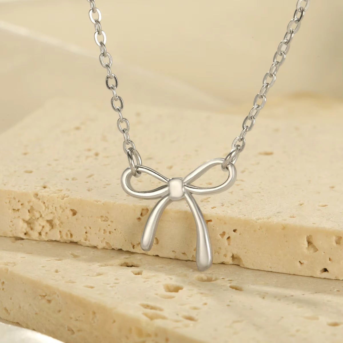 Gold-Tone & Silver-Tone Stainless Steel Bow Pendant Necklace for Women – Minimalist Ribbon Jewelry