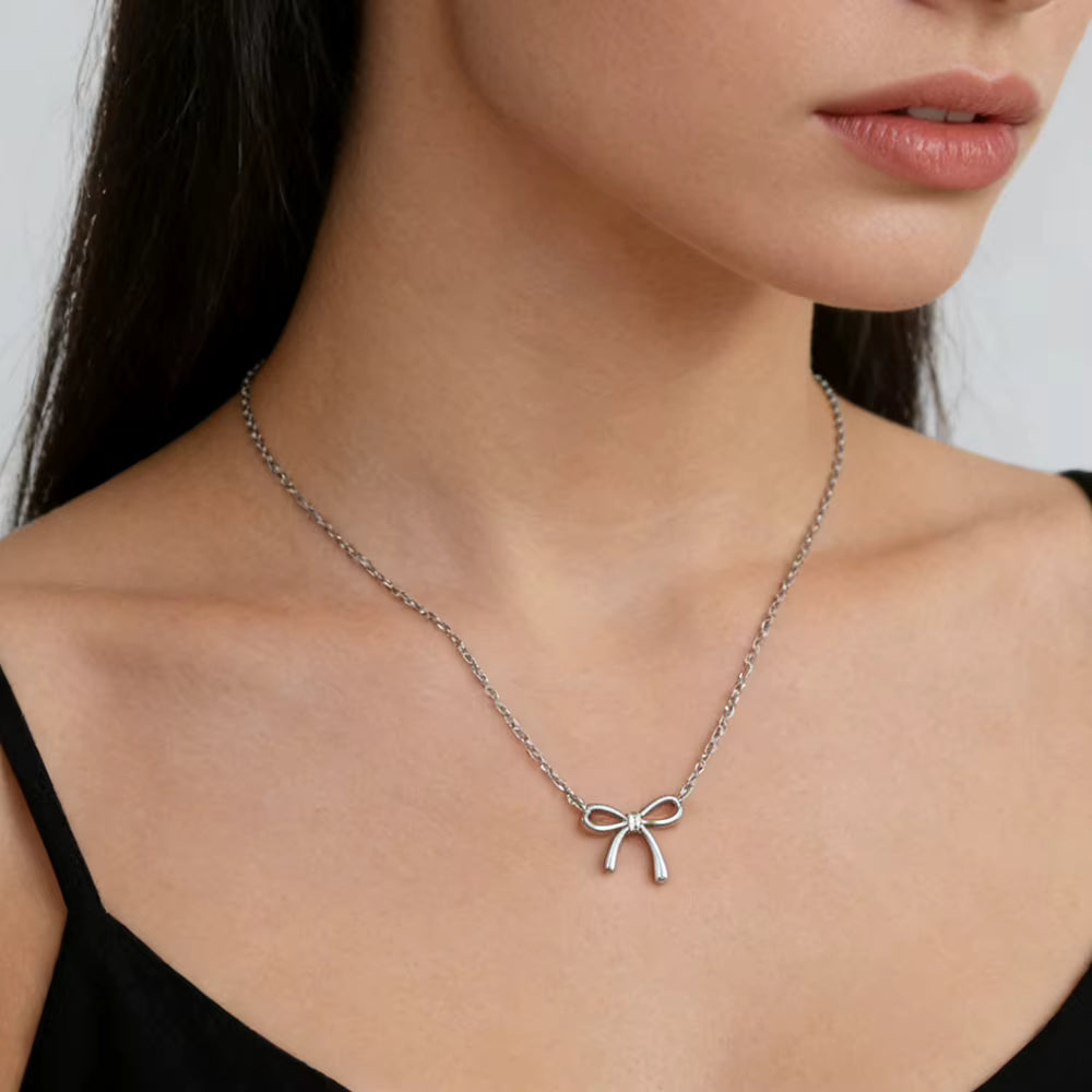 Gold-Tone & Silver-Tone Stainless Steel Bow Pendant Necklace for Women – Minimalist Ribbon Jewelry