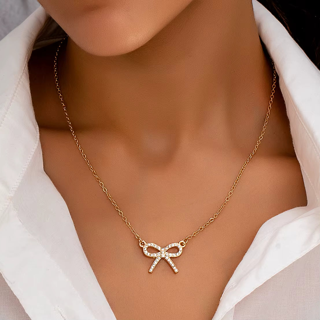 Gold-Tone Rhinestone Bow Pendant Necklace for Women – Dainty Ribbon Jewelry Gift