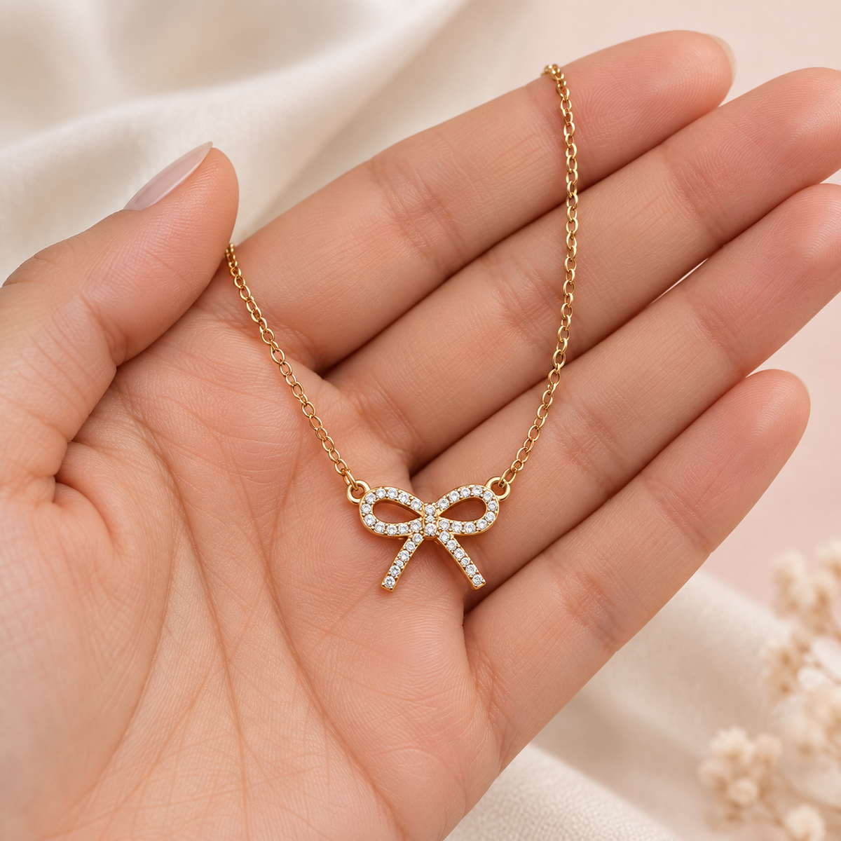 Gold-Tone Rhinestone Bow Pendant Necklace for Women – Dainty Ribbon Jewelry Gift