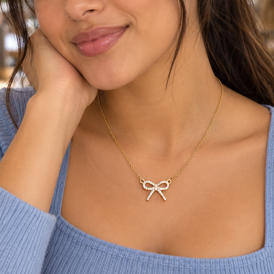 Gold-Tone Rhinestone Bow Pendant Necklace for Women – Dainty Ribbon Jewelry Gift