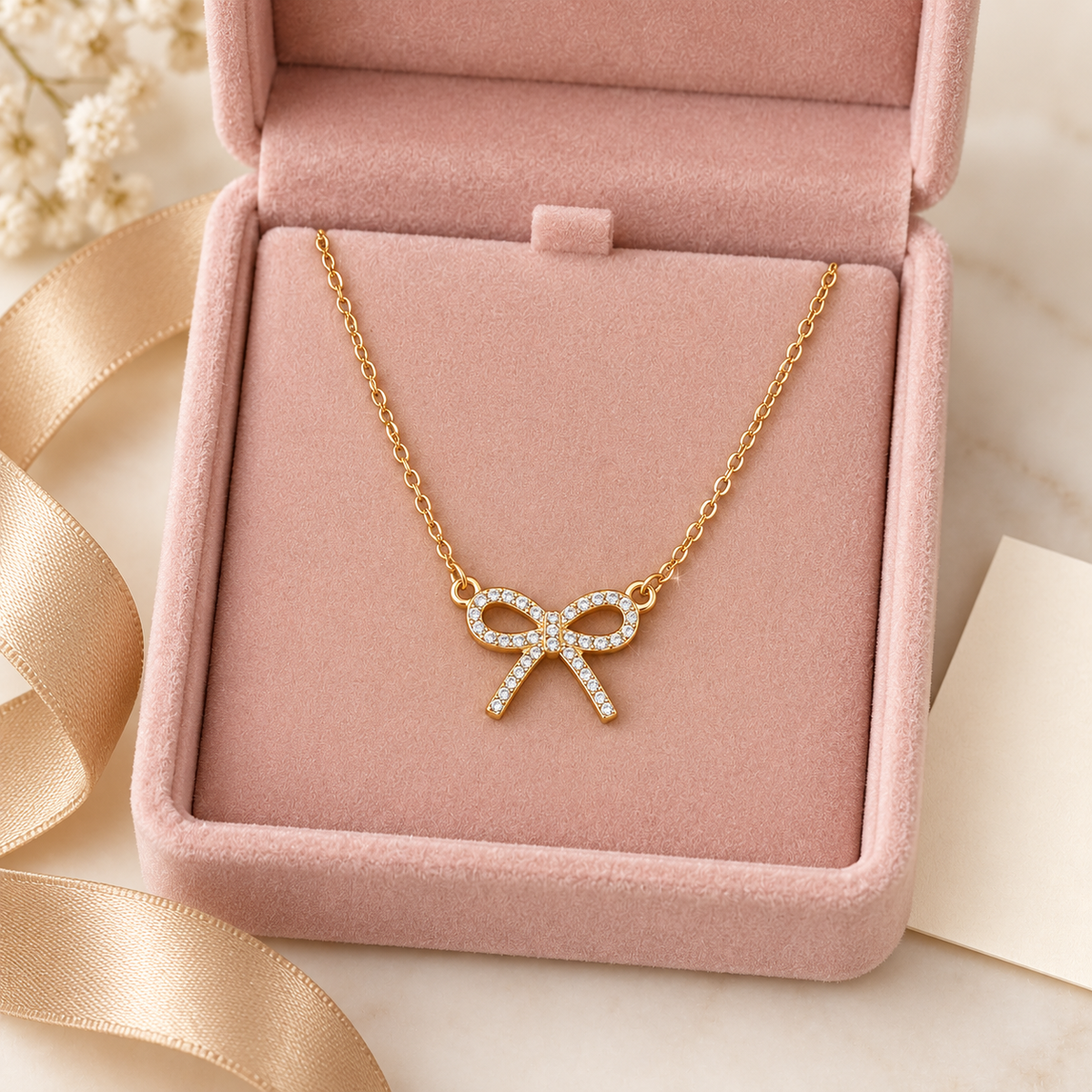 Gold-Tone Rhinestone Bow Pendant Necklace for Women – Dainty Ribbon Jewelry Gift