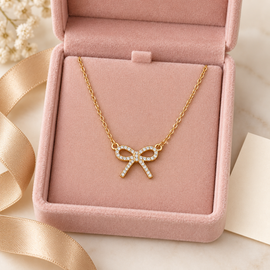 Gold-Tone Rhinestone Bow Pendant Necklace for Women – Dainty Ribbon Jewelry Gift