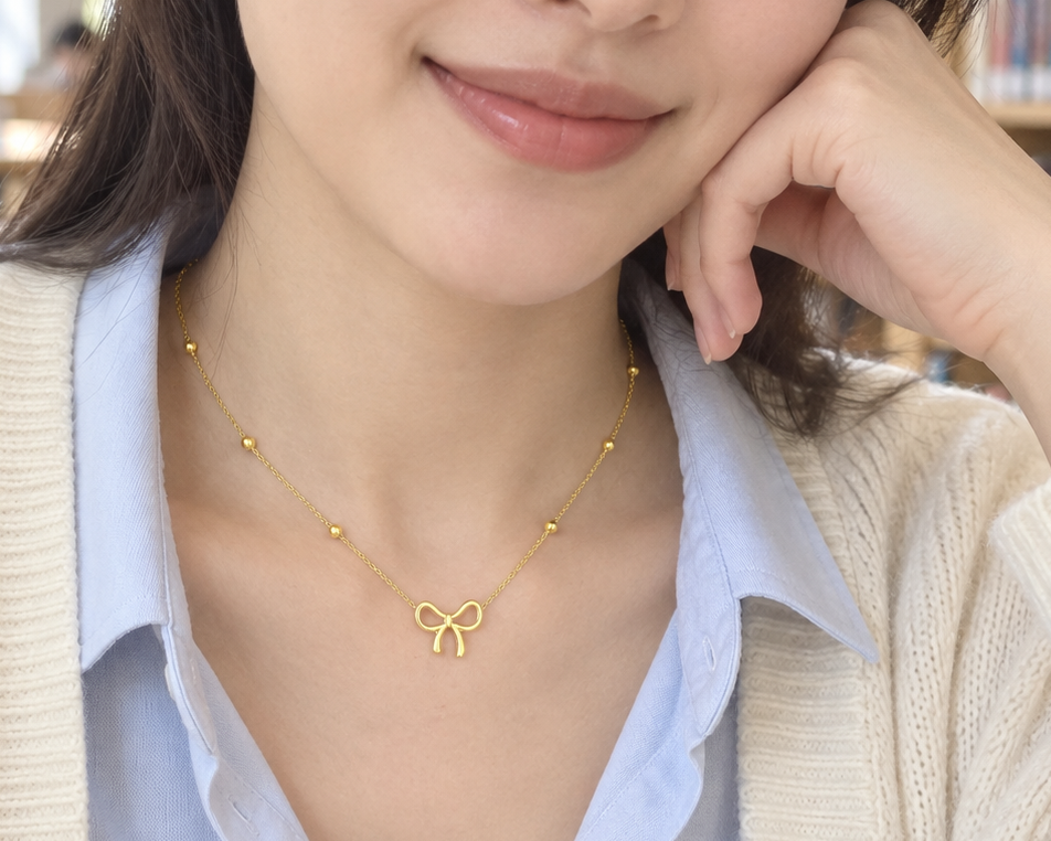 Gold-Tone Stainless Steel Bow Pendant Necklace for Women – Dainty Beaded Chain Jewelry
