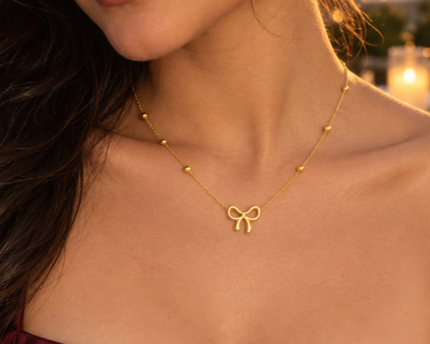 Gold-Tone Stainless Steel Bow Pendant Necklace for Women – Dainty Beaded Chain Jewelry
