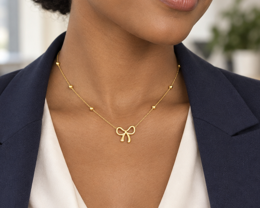 Gold-Tone Stainless Steel Bow Pendant Necklace for Women – Dainty Beaded Chain Jewelry