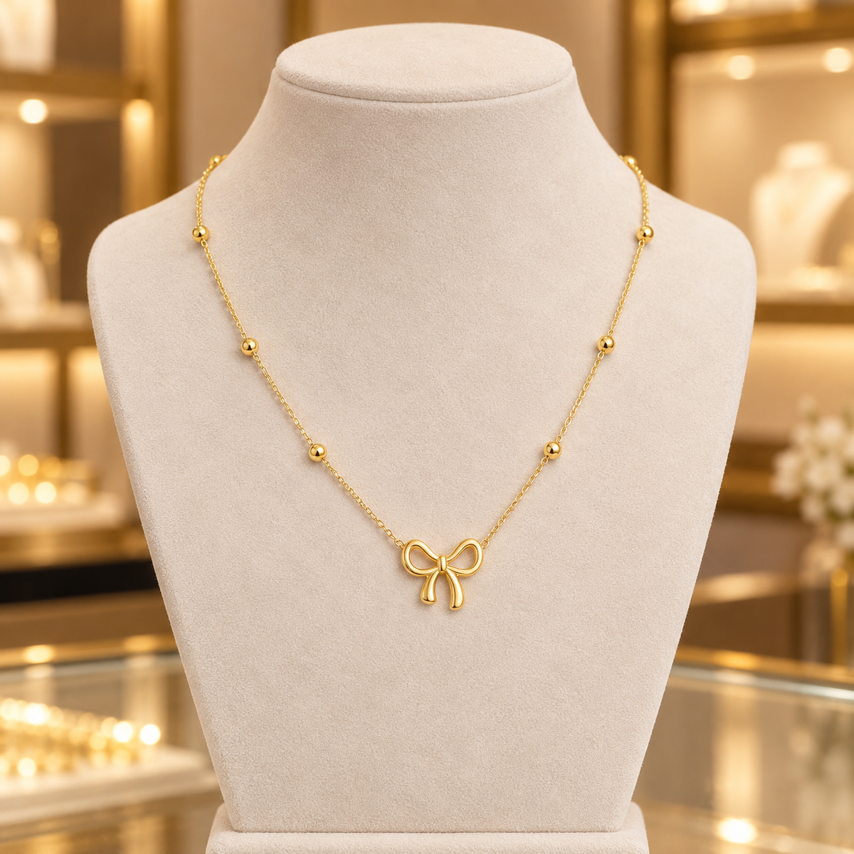 Gold-Tone Stainless Steel Bow Pendant Necklace for Women – Dainty Beaded Chain Jewelry