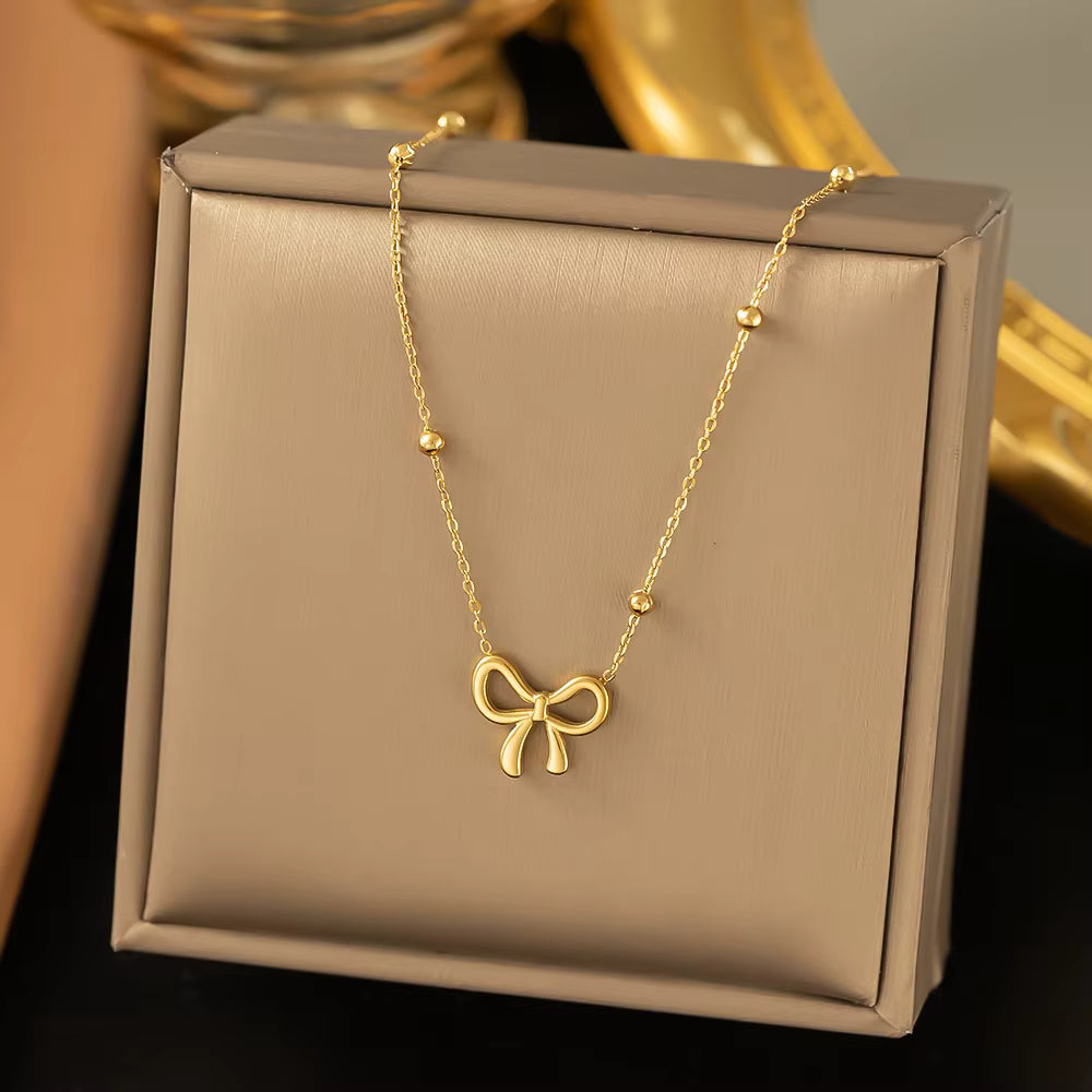 Gold-Tone Stainless Steel Bow Pendant Necklace for Women – Dainty Beaded Chain Jewelry