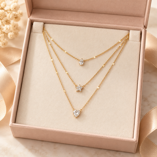 Gold-Tone 3-Layer Rhinestone Pendant Necklace for Women – Heart Star and Round Charm Jewelry