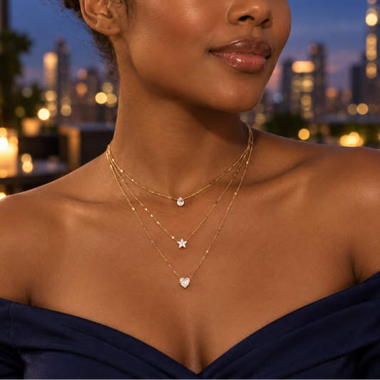 Gold-Tone 3-Layer Rhinestone Pendant Necklace for Women – Heart Star and Round Charm Jewelry