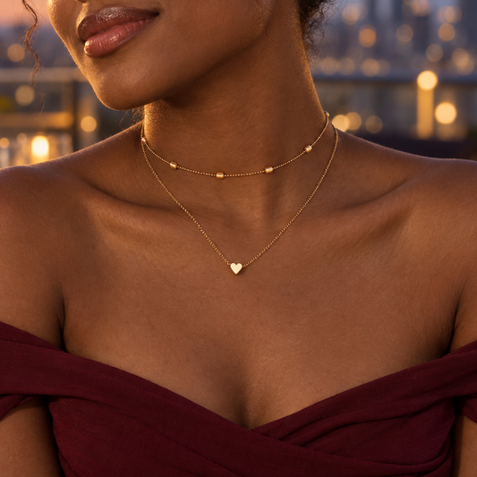Gold-Tone Double-Layer Heart Pendant Necklace for Women – Beaded Choker Jewelry