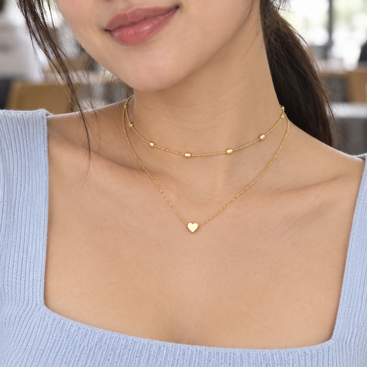 Gold-Tone Double-Layer Heart Pendant Necklace for Women – Beaded Choker Jewelry