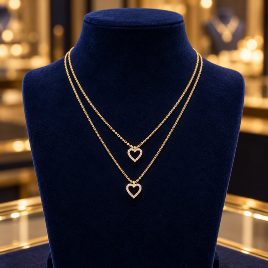 Gold-Tone Layered Heart Pendant Necklace for Women – Rhinestone Double-Layer Jewelry