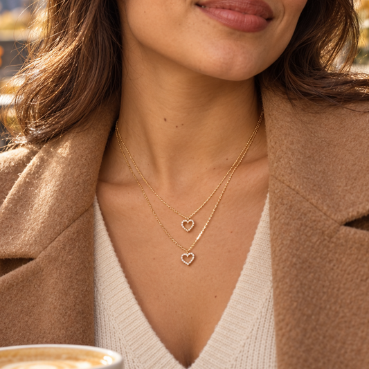 Gold-Tone Layered Heart Pendant Necklace for Women – Rhinestone Double-Layer Jewelry