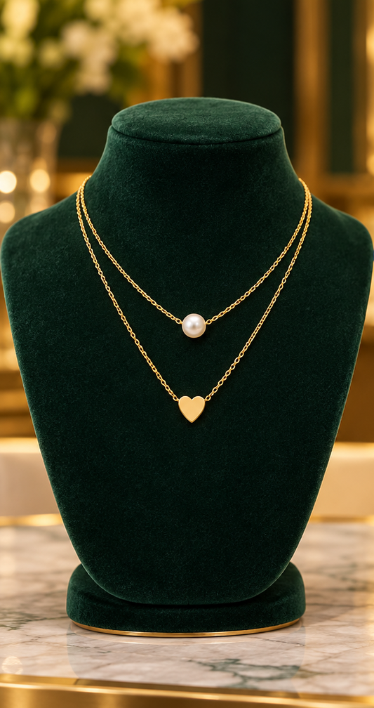 Gold & Silver-Tone Layered Heart Necklace for Women – Pearl-Look Pendant Jewelry