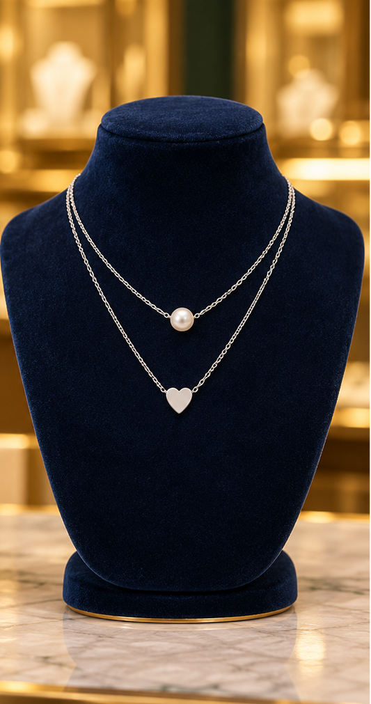 Gold & Silver-Tone Layered Heart Necklace for Women – Pearl-Look Pendant Jewelry