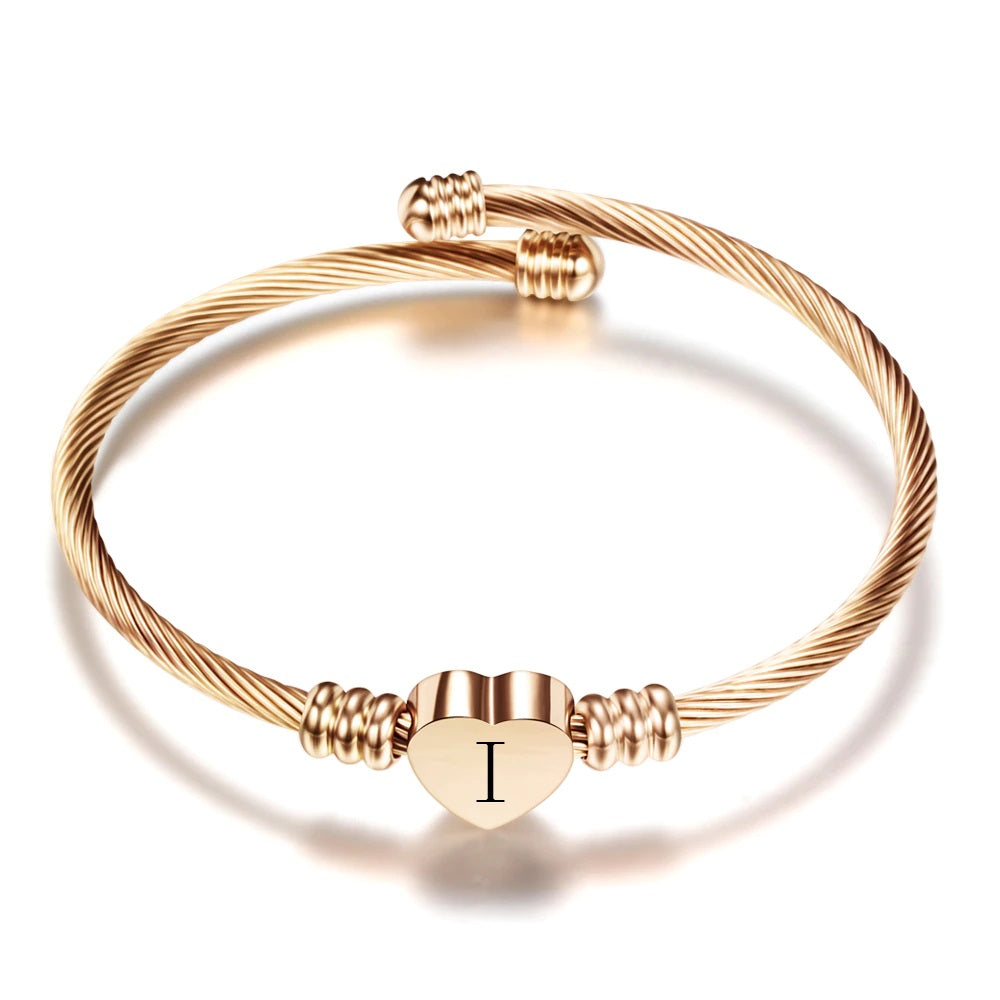 Stainless Steel Initial Heart Cable Bangle Bracelet