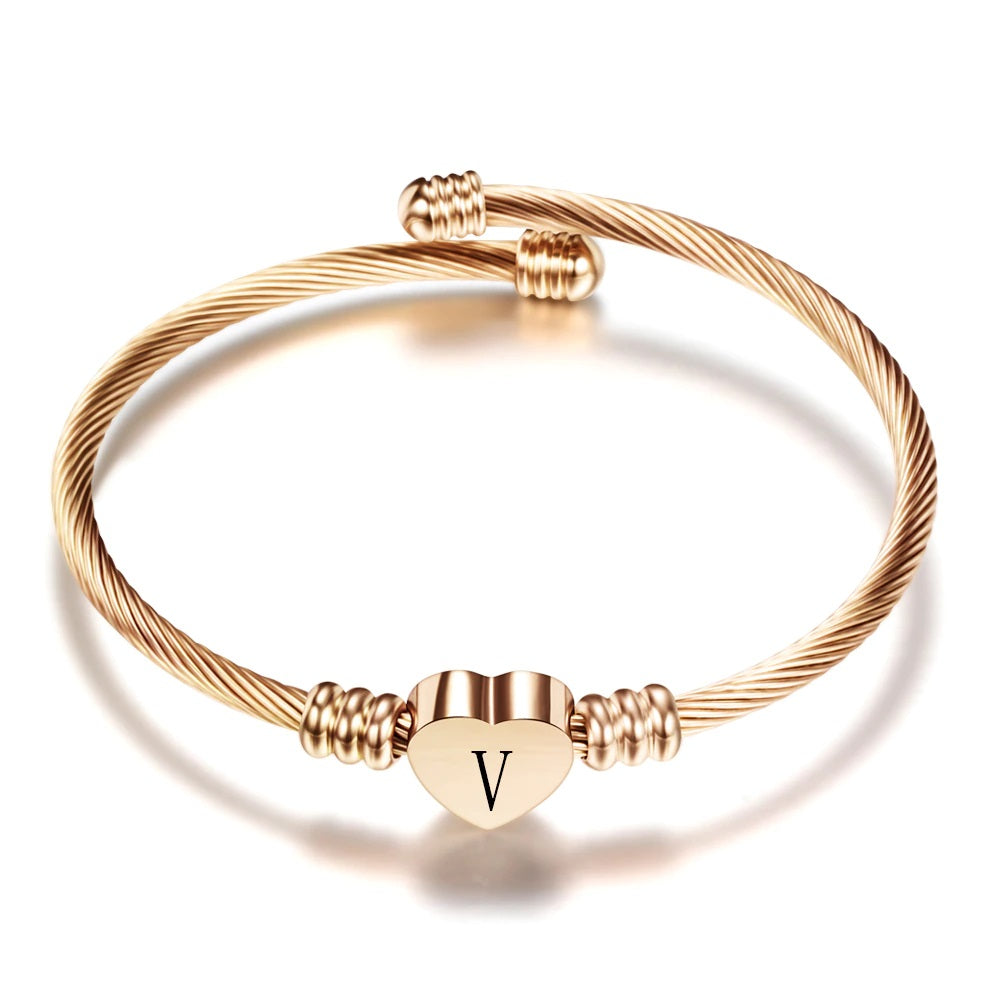Stainless Steel Initial Heart Cable Bangle Bracelet