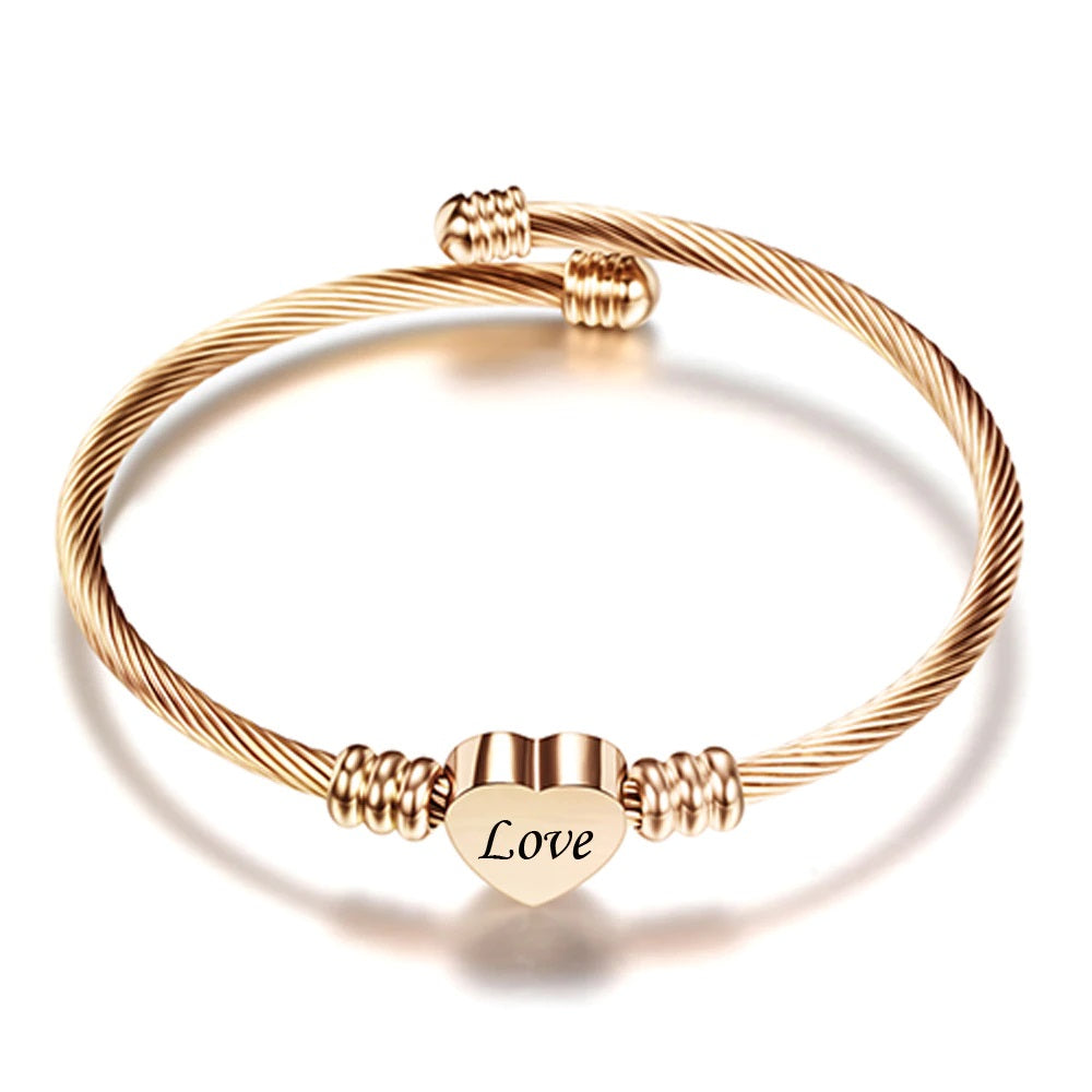 Stainless Steel Adjustable Cable Bangle Bracelet with Engraved Heart