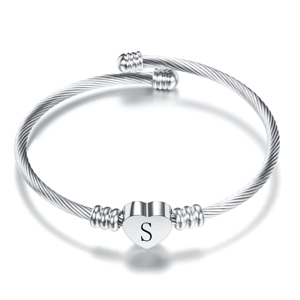 Stainless Steel Initial Heart Cable Bangle Bracelet