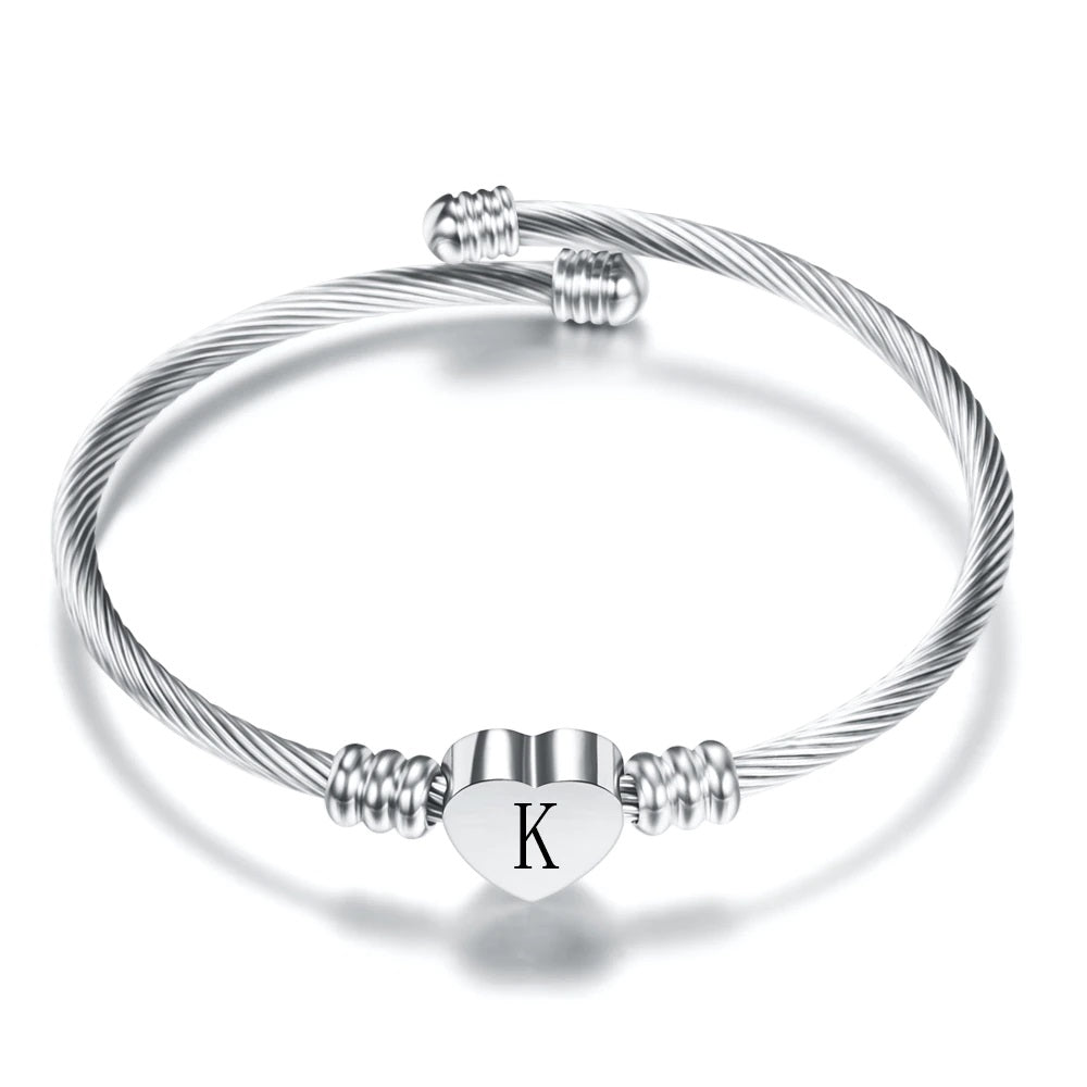 Stainless Steel Initial Heart Cable Bangle Bracelet