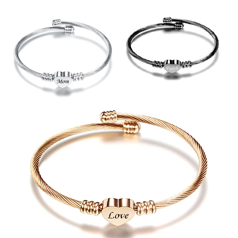 Stainless Steel Adjustable Cable Bangle Bracelet with Engraved Heart