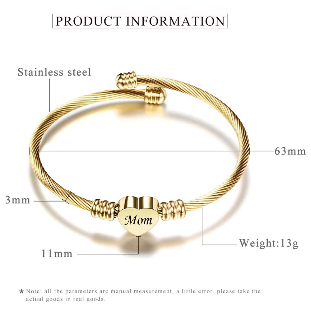 Stainless Steel Adjustable Cable Bangle Bracelet with Engraved Heart