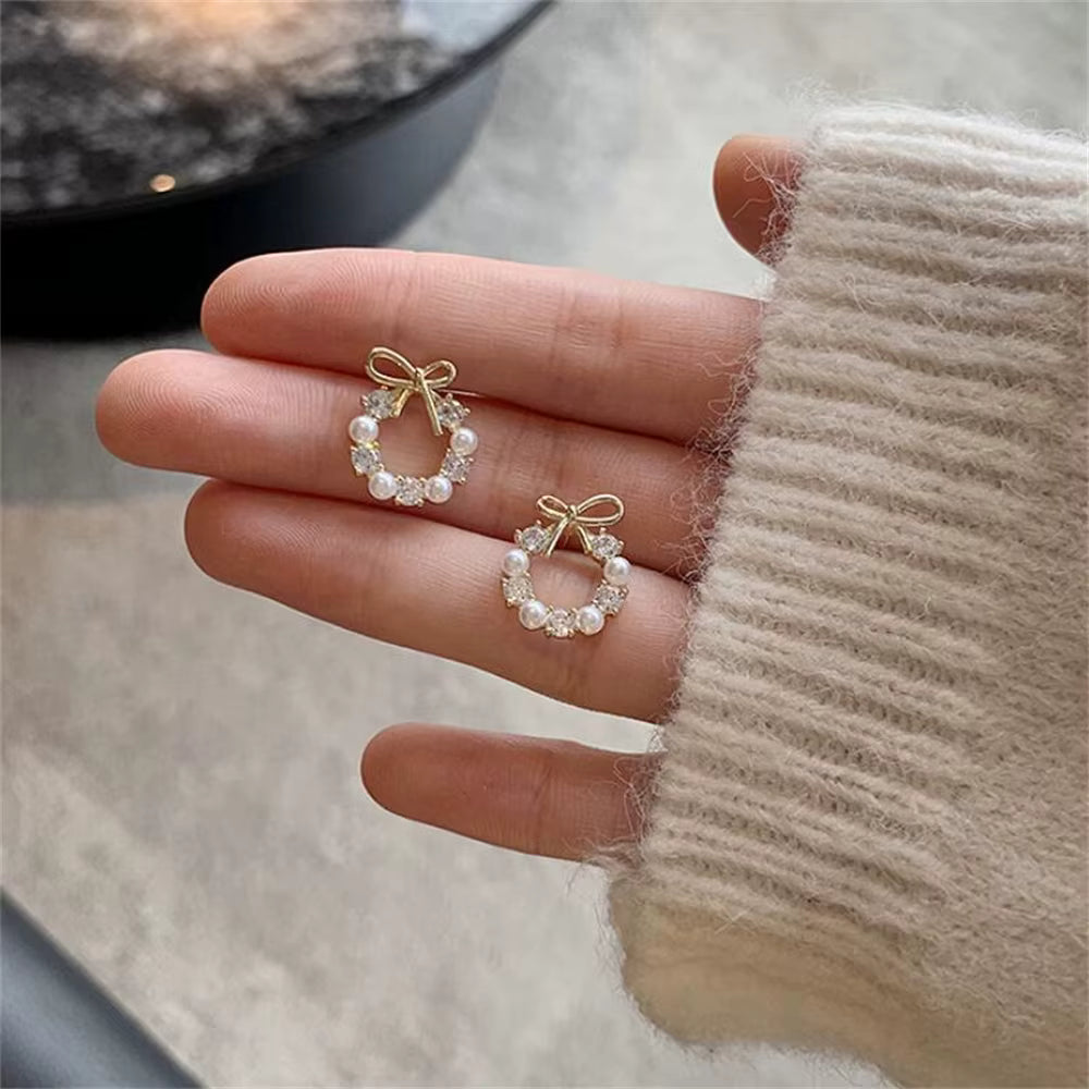 Gold-Tone Bow & Pearl-Look Oval Earrings