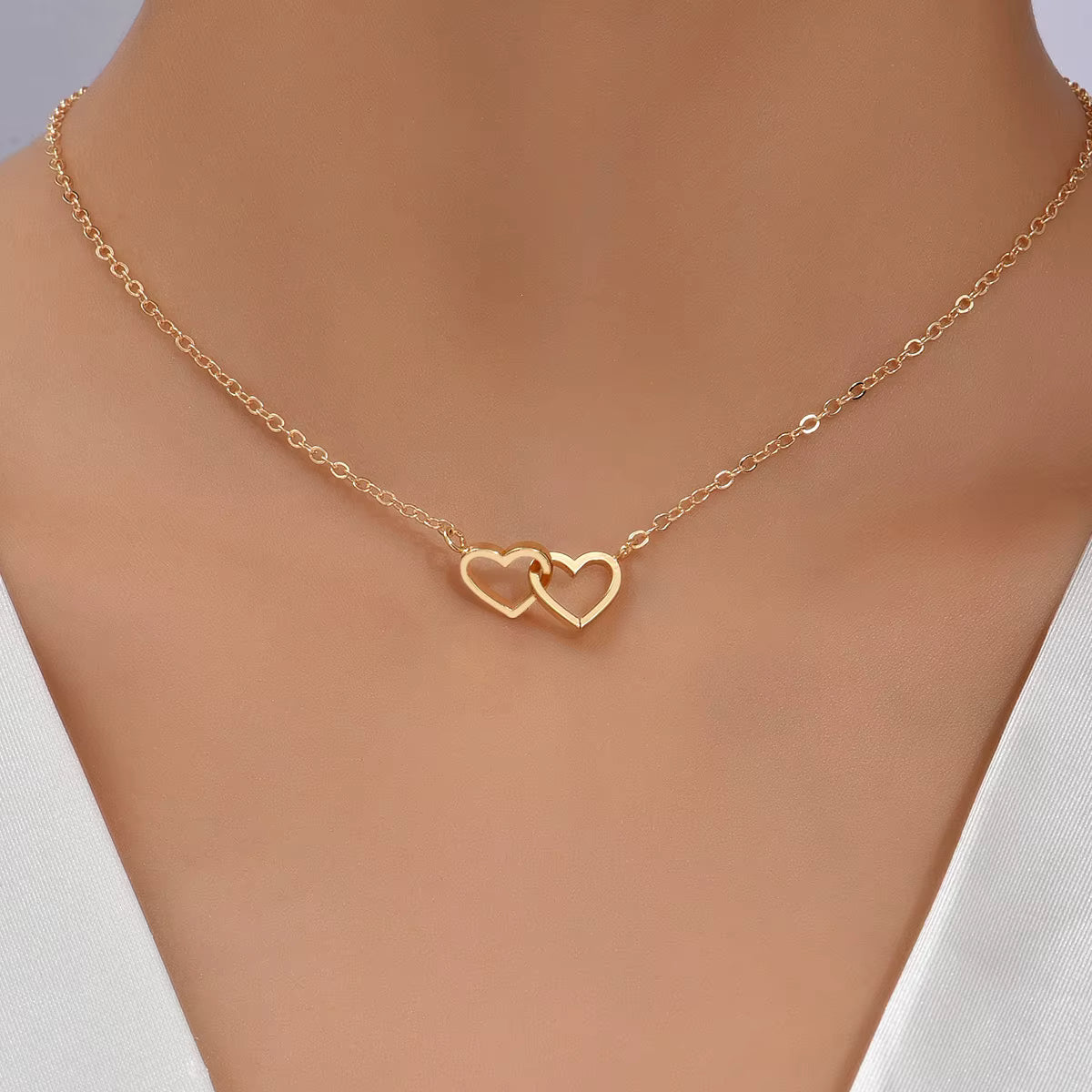 Double Heart Necklace for Women, Gold Tone Open Heart Pendant Necklace, Dainty Love Jewelry Gift