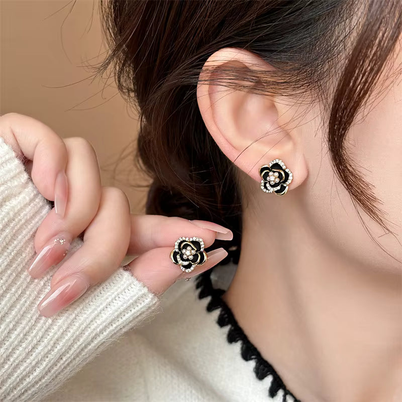 Black & Gold-Tone Flower Earrings with Pearl-Look Accents