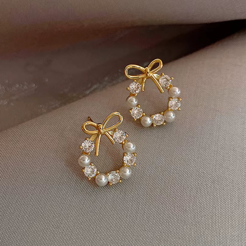 Gold-Tone Bow & Pearl-Look Oval Earrings