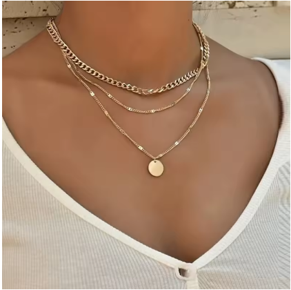 Layered Gold Necklace for Women, Trendy Multi-Strand Chain Necklace with Coin Pendant, Everyday Fashion Jewelry Gift