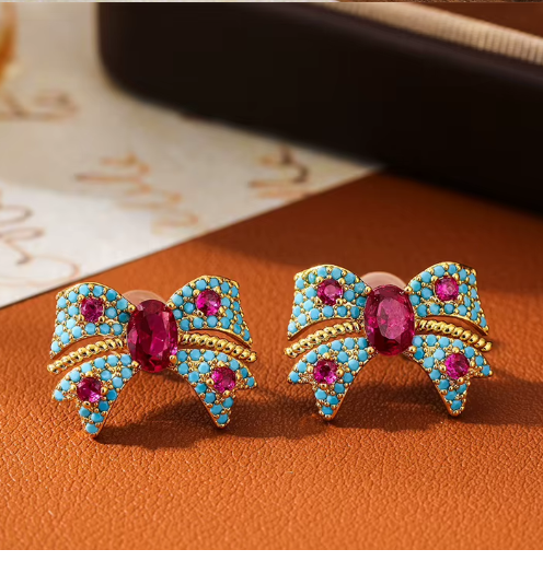 Turquoise & Pink Bow Earrings – Gold-Tone Statement Jewelry