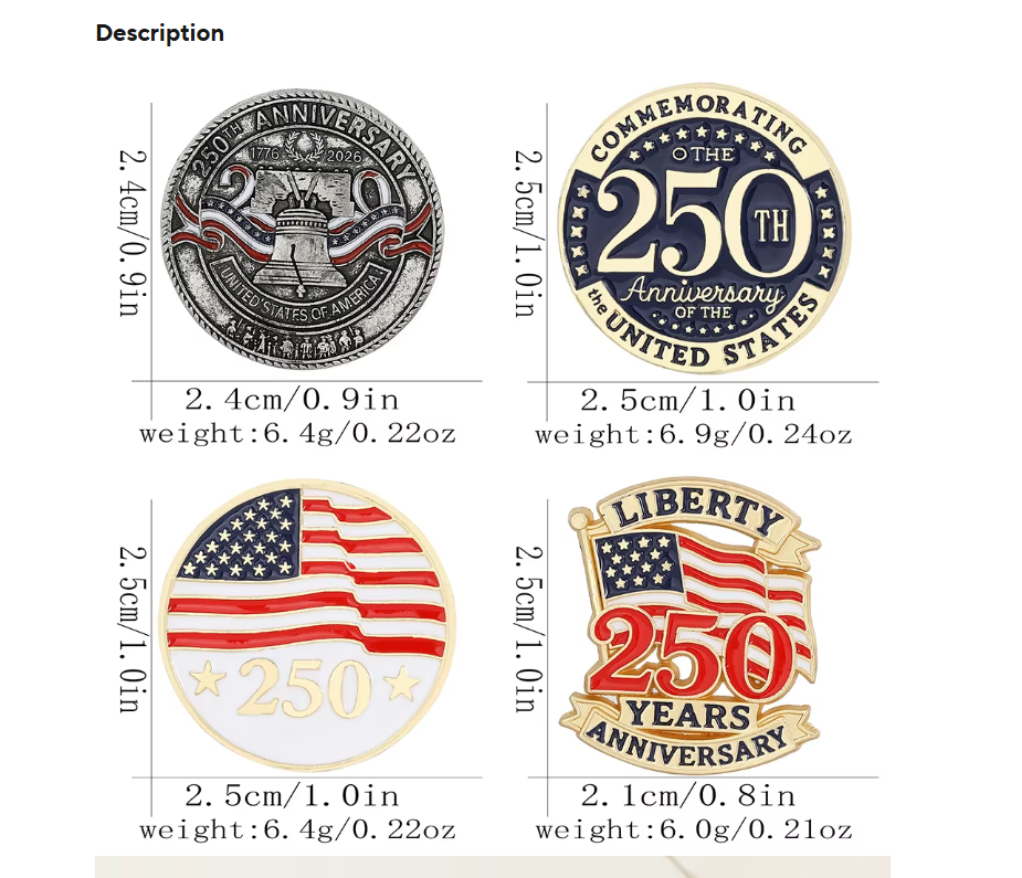 4PCS USA 250th Anniversary Tac Pin Set, American Flag Liberty Bell Patriotic Lapel Pins
