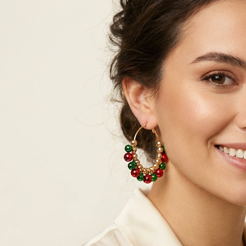 Festive Jingle Bell Hoop Earrings – Red, Green & Gold Christmas Holiday Earrings