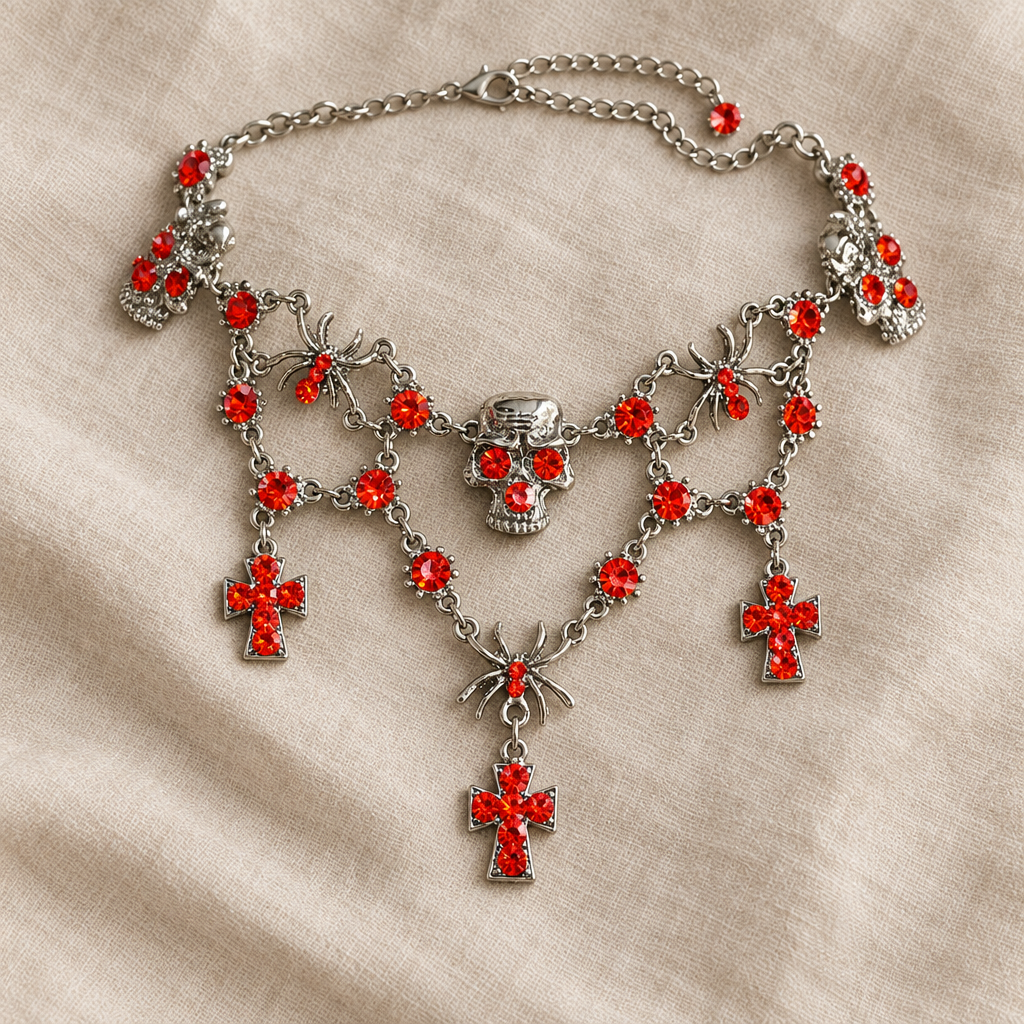 Orange rhinestone choker on beige linen background