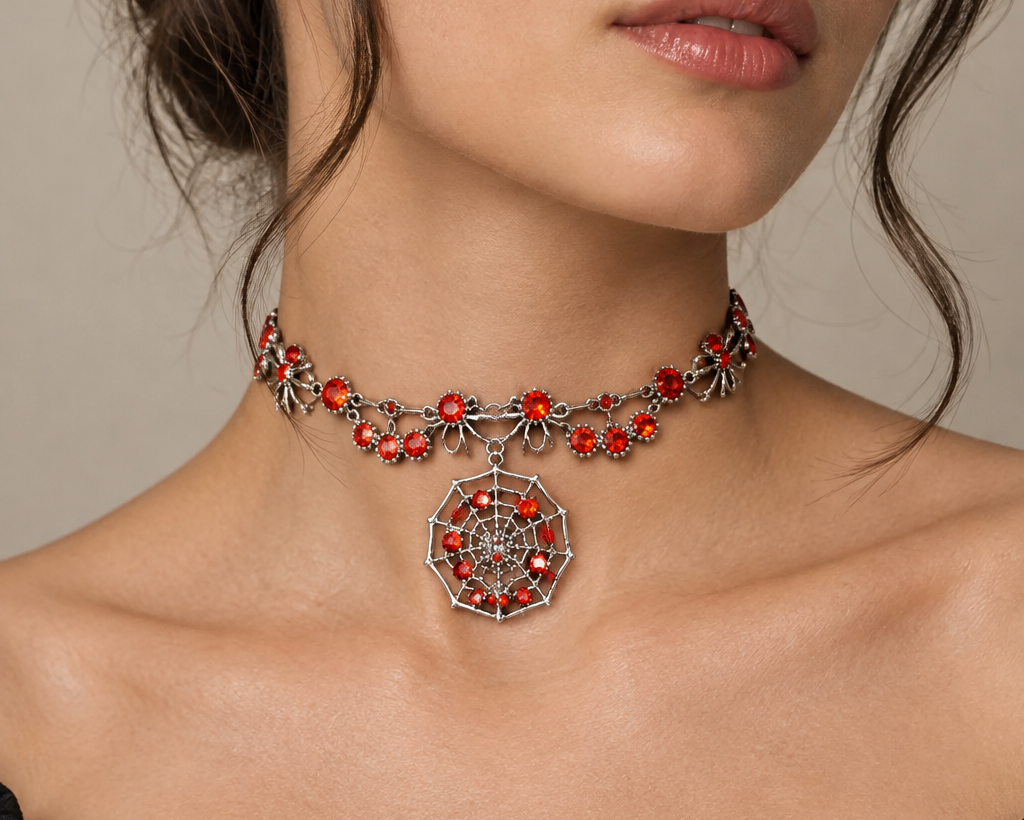 Model wearing spider web skull choker