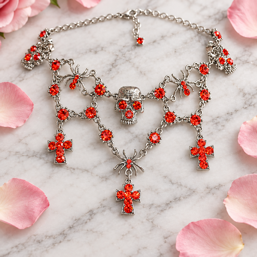 Choker necklace on marble with flower petals