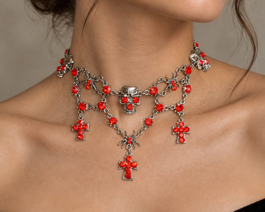 Halloween Skull & Spider Rhinestone Choker Necklace
